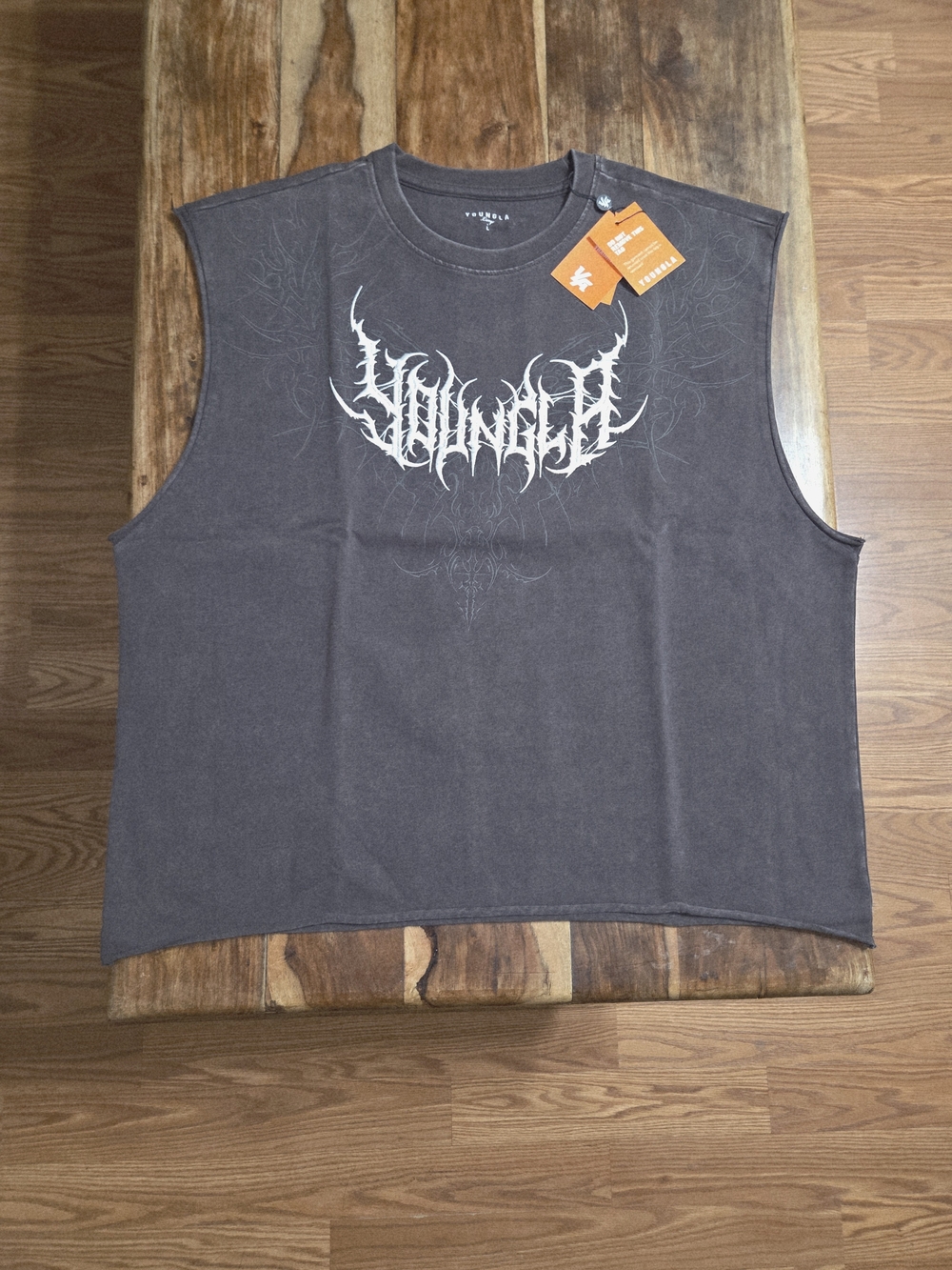 YoungLA Men’s Brown Wash-Embroidered Sleeveless Muscle Tee. Size L
